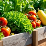 Drevený vyvýšený záhon v záhrade s čerstvo zasadenou zeleninou a bylinkami.